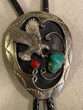 Vintage Southwestern Eagle Bolo Tie Turquoise Coral Nickel Silver Statement